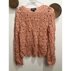 Oliver O Lace Crochet Blouse‎ Coral Long Sleeve Cottagecore Boho Feminine